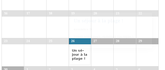 Evènements du calendrier affichés dans l'agenda Events Calendar